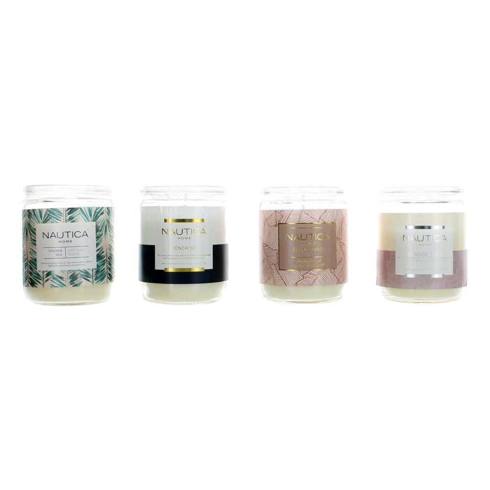 4 pack of nautica 1 wick candles including scents:  Island Sands, French Sail, Vitamin Sea, and Seaside Cafe